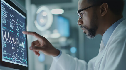 Aufkleber - Medical doctor analyzing data on computer screen displaying charts and graphs in modern hospital operating room