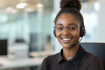 Poster - Smiling young woman working as call center operator