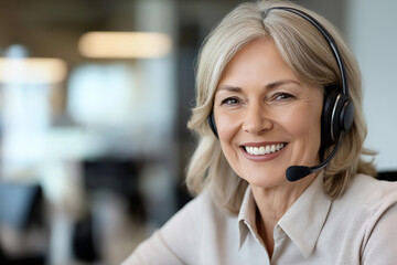 Poster - Senior female customer service representative working in call center