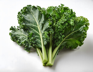 A flat lay of a bunch of fresh, dark green kale leaves with visible stems, arranged on a white surface