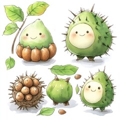 Wall Mural - Cute cartoon illustration of chestnut with spiky shell, leaves and seeds.