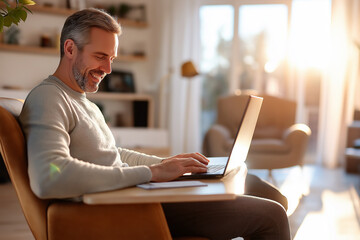 Poster - Smiling businessman working from home using laptop on armchair in living room