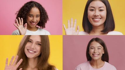 Poster - Four individuals from various backgrounds wave cheerfully, showcasing a joyful and inclusive mood. Vibrant colors create a lively atmosphere, emphasizing diversity and connection.