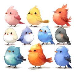 Wall Mural - Nine adorable cartoon birds in various colors and poses.