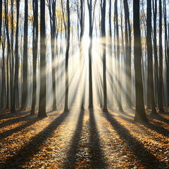 Wall Mural - Sun rays autumn forest mist nature background