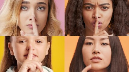 Poster - A multiethnic collection features four individuals showcasing different gestures and emotional expressions against bright backgrounds.
