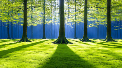 Wall Mural - Sunbeams in spring forest, green grass