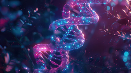 Poster - vibrant, glowing dna double helix surrounded by abstract foliage, symbolizing life and genetics. col