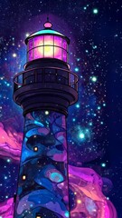 Wall Mural - Colorful lighthouse illuminates a cosmic night sky filled with vivid stars and swirling nebulae