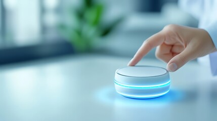 Poster - Human finger activates button, exploring the interface of technology and control in modern user experience