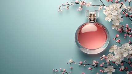 Wall Mural - Elegant perfume bottle with cherry blossoms on blue