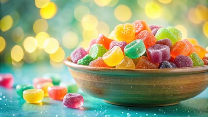 Wall Mural - A wooden bowl overflowing with colorful, sugary, gelatinous candies on a teal surface with a blurred bokeh background.