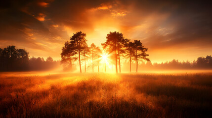 Wall Mural - Sunrise over misty field, trees silhouetted, peaceful dawn