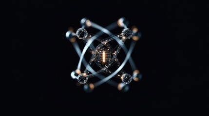 Aufkleber - Abstract representation of atomic structure showcasing interconnected particles and energy flows in a vibrant, futuristic design emphasizing science and innovation.