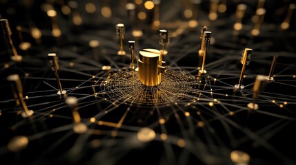 Poster - Abstract 3D Visualization of Gold Cylinder Surrounded by Network of Golden Pins Representing Connections and Data Flow in a Digital Landscape