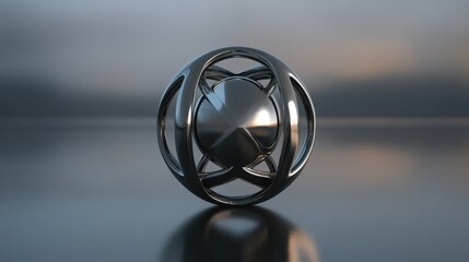 Fototapete - Abstract metallic sphere surrounded by intricate loops, reflecting soft light against a blurred background, creating a modern and artistic composition for decor or design use.