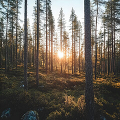 Wall Mural - Sunset forest pines nature landscape