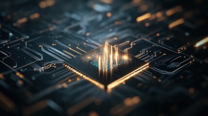 Fototapete - Abstract Technology Concept Featuring a Detailed Microchip on a Circuit Board Surrounded by Glowing Lines and Dots Representing Data Flow and Connectivity