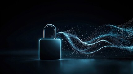 Fototapete - Abstract Digital Lock with Glowing Particles and Waves Representing Security, Technology, and Data Protection in a Futuristic Background
