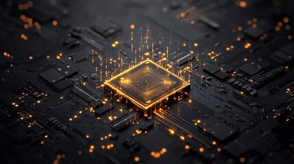 Fototapete - Futuristic Microchip on a Circuit Board Surrounded by Glowing Particles Representing Data Flow and Technology Advancement