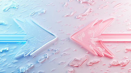 Poster - Abstract arrows in blue and pink with water droplets on surface, symbolizing contrast and direction. design evokes sense of movement and fluidity