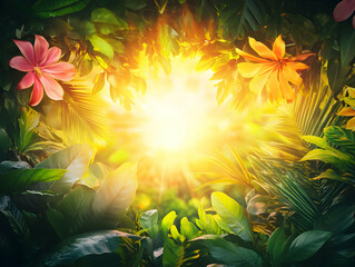 Wall Mural - Tropical sunrise, jungle leaves