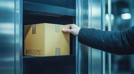 Poster - A box being placed in a secure parcel drop-off slot, clean urban design with plenty of copy space