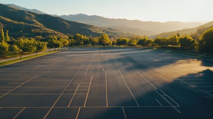 Poster - An empty parking lot with clean asphalt, neatly marked lines, and wide open space under a clear sky
