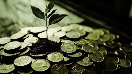 Poster - A close-up of a growing plant sprouting from a pile of coins, symbolizing business investment and financial growth