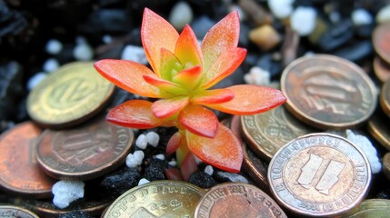Poster - A close-up of a growing plant sprouting from a pile of coins, symbolizing business investment and financial growth