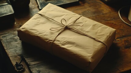 Poster - A close-up of a parcel wrapped in kraft paper with a tied string bow, sitting on a rustic wooden table, minimalistic composition