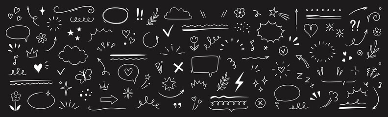 Fototapete - Cute line sketch star, arrow, heart decoration element icon set. Hand drawn sketch doodle cute star, emphasis, flower element. Pen line text decoration shape icon. Chalkboard vector illustration.