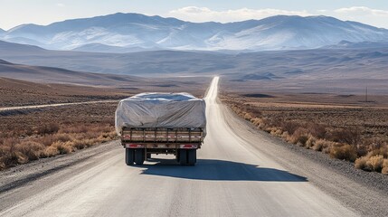 Poster - A flatbed delivery truck with large items covered by a tarpaulin, empty rural road providing clean copy space