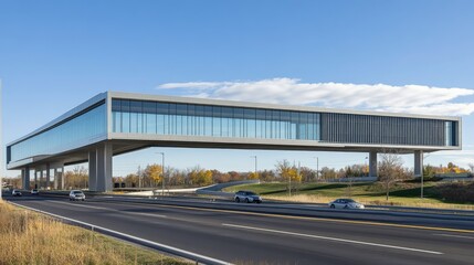 Poster - A modern expressway overpass with clean lines and a clear blue sky providing ample copy space