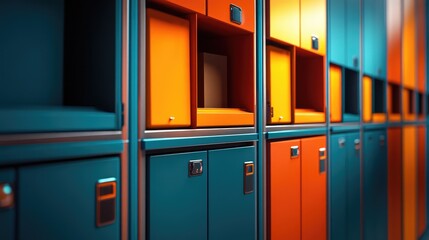 Poster - A secure locker system with open compartments ready to store or retrieve parcels, minimal background