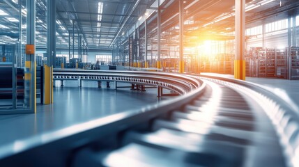 Poster - Clean, minimalist conveyor system in a modern warehouse with soft natural light and organized workflow, ideal for logistics themes