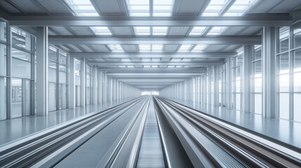 Poster - Clean, minimalist conveyor system in a modern warehouse with soft natural light and organized workflow, ideal for logistics themes
