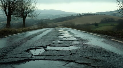 Poster - Close-up of a road surface with visible tire marks, rugged textures, and natural light