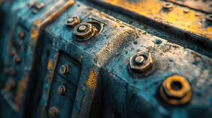 Poster - Close-up of rail fastening hardware, rugged industrial textures and soft lighting creating visual depth