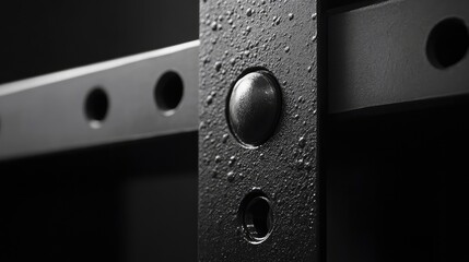Poster - Close-up of rail fastening hardware, rugged industrial textures and soft lighting creating visual depth