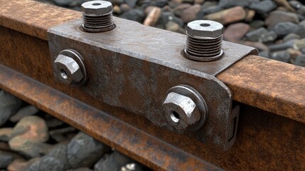 Poster - Close-up of rail fastening hardware, rugged industrial textures and soft lighting creating visual depth