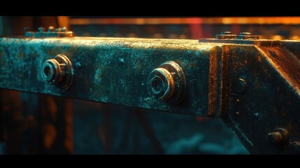 Poster - Close-up of rail fastening hardware, rugged industrial textures and soft lighting creating visual depth