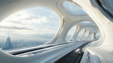 Poster - Elevated rail track through a futuristic cityscape, modern design and open skies offering copy space