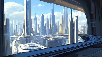 Poster - Elevated rail track through a futuristic cityscape, modern design and open skies offering copy space