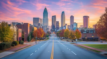 Poster - Empty city streets at dawn, modern skyscrapers reflecting soft morning light, and wide open lanes offering copy space