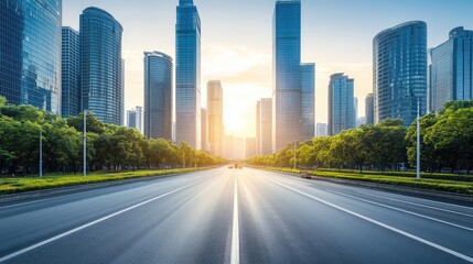 Poster - Empty city streets at dawn, modern skyscrapers reflecting soft morning light, and wide open lanes offering copy space