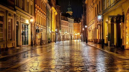 Poster - Empty city street at night with glowing streetlights and wet pavement reflecting warm colors, urban aesthetic