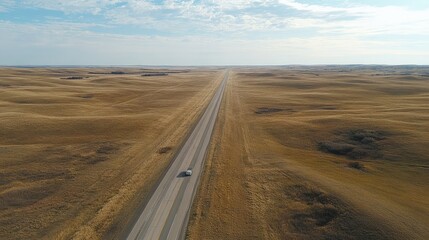 Poster - Empty highway with a freight truck lane cutting through a rural landscape, surrounded by golden fields under a bright sky