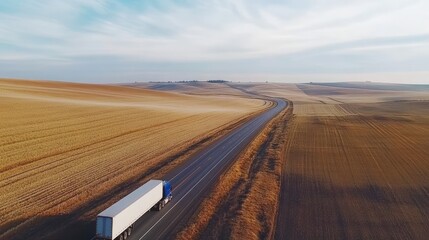 Poster - Empty highway with a freight truck lane cutting through a rural landscape, surrounded by golden fields under a bright sky