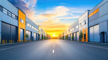 Poster - Empty rural road cutting through a logistics hub, surrounding warehouses, and a soft blue sky above for a clean, industrial feel